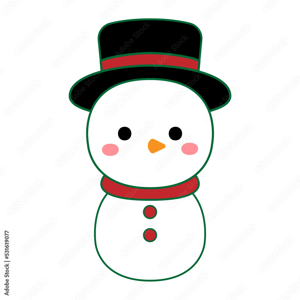Cute snowman wearing red scarf and black hat. Christmas cute character. Cute snowman wearing red scarf and black hat. Christmas cute character.