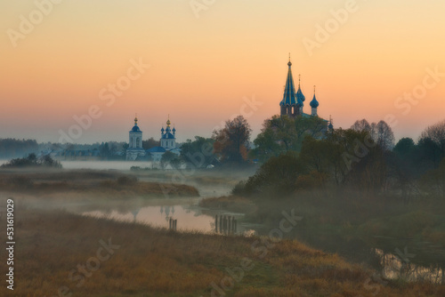 Annunciation Monastery in sunrise. Dunilovo village. Ivanovo region, Russia