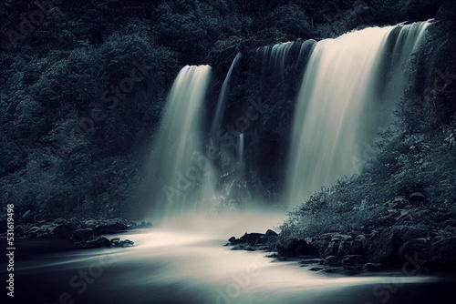 Beautiful mountain waterfall. Fantastic Epic Magical Landscape. Summer nature. Mystic Valley. Gaming assets. Celtic Medieval Forest. Rocks and grass. River and stream