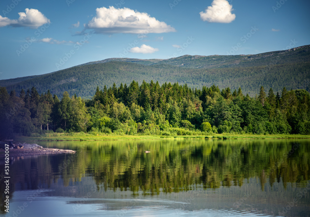 Beautiful summer Scandinavian landscape in Norway. Lake green forest and blue sky
