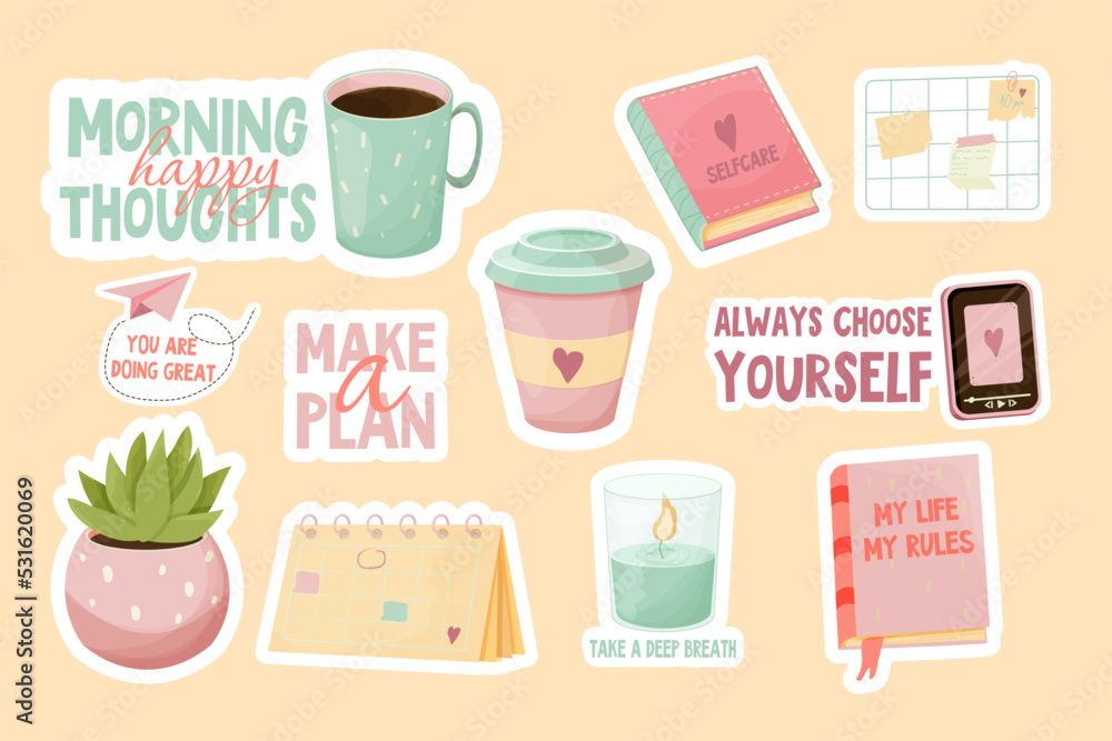 Set essentials self care stickers for study, rest, mental health in ...