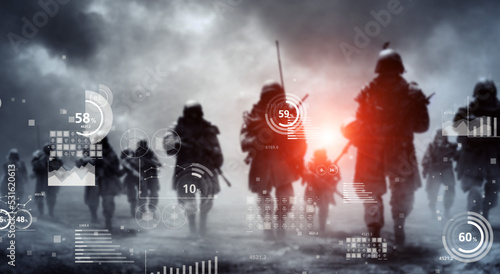 Cuadro en lienzo Battlefield soldiers and statistical data