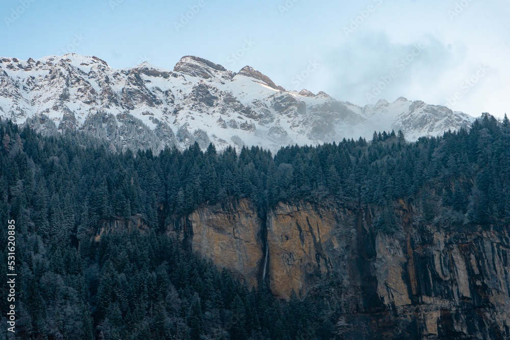 Beautiful mountains and nature in Lauterbrunnen , villages , town and valleys of Alps during autumn, winter : Lauterbrunnen , Switzerland : December 3 , 2019
