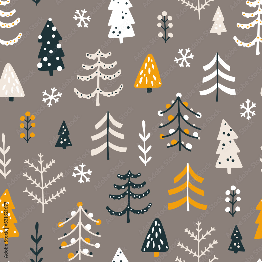 Obraz premium Forest seamless pattern with different Christmas trees. Vector naive hand drawn illustration in simple scandinavian style. The limited earthy palette is ideal for printing textiles, fabric, wrapping.