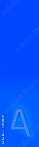 Letter A Is blue on blue background. Part of letter is immersed in background. Vertical banner for insertion into site. Place for text cope space. 3D image. 3D rendering.