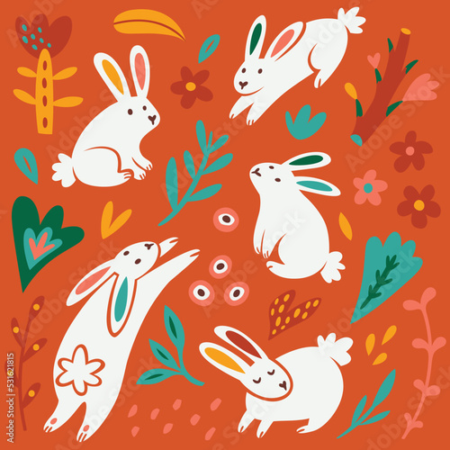 Collection of white rabbits, flowers and leaves in flat cartoon style