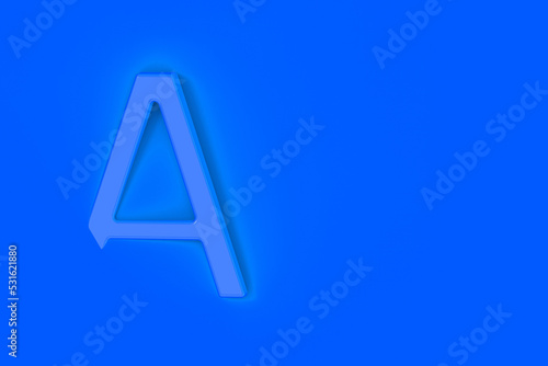 Letter A Is blue on blue background. Part of letter is immersed in background. Horizontal image. 3D image. 3D rendering.