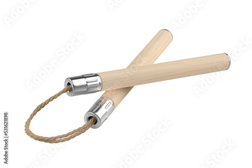 Wooden nunchaku with cord on transparent background photo