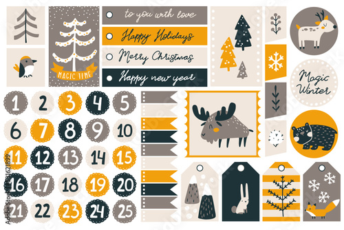 Christmas template and gift tag set with cute forest characters and nature elements in different shapes in childish hand drawn scandinavian style with letters and numbers for advent calendar.