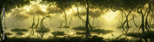 Tela swamp in a forest, lush flooded woodland with old trees, background banner