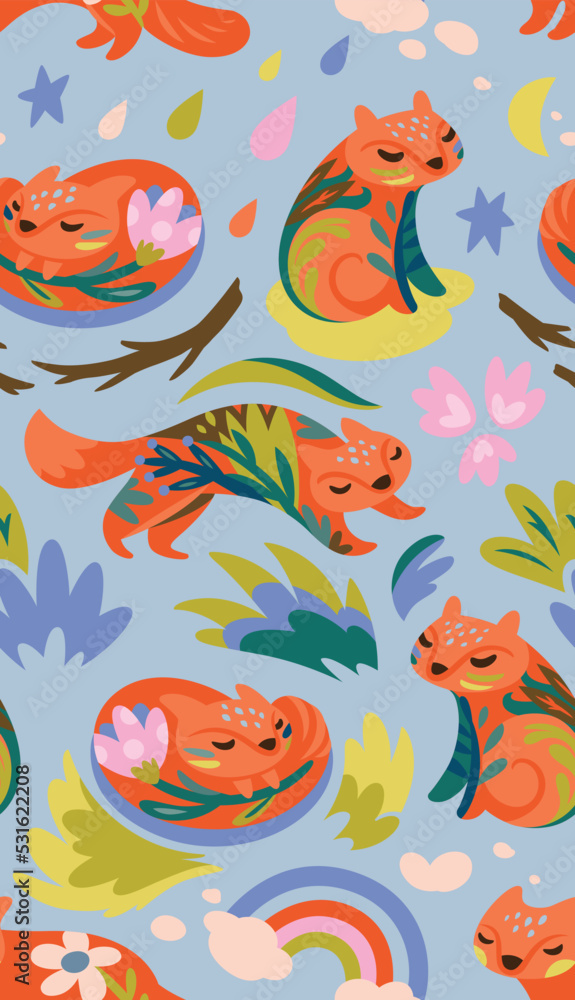 Obraz premium Cute foxes seamless pattern. Cartoon foxes characters silhouette decorated leaves and flowers inside 
