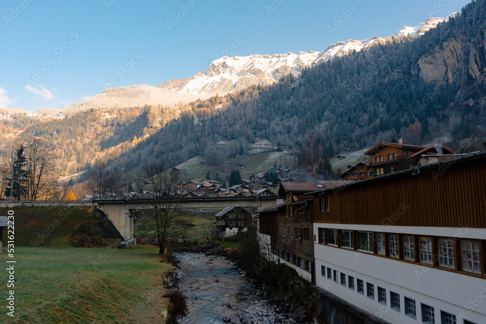 Lauterbrunnen , Picturesque villages , town and valleys of Alps . Nice Staubbach Falls , Kirche , nature during autumn, winter : Lauterbrunnen , Switzerland : December 3 , 2019 Lauterbrunnen , Picturesque villages , town and valleys of Alps . Nice Staubbach Falls , Kirche , nature during autumn, winter : Lauterbrunnen , Switzerland : December 3 , 2019