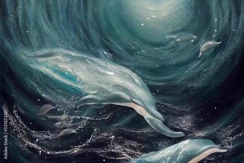 Dolphins in the blue sea. Digital Oil Painting