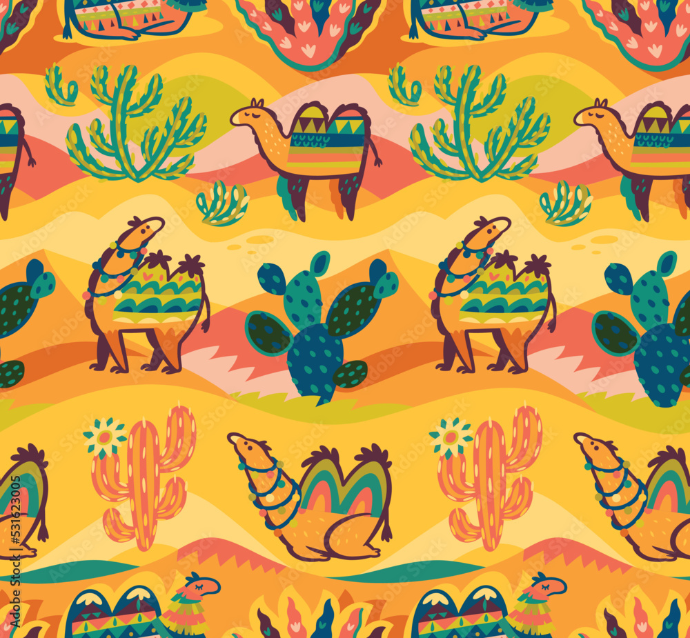 Lovely seamless pattern with camels, desert and cactuses in tribal style Lovely seamless pattern with camels, desert and cactuses in tribal style