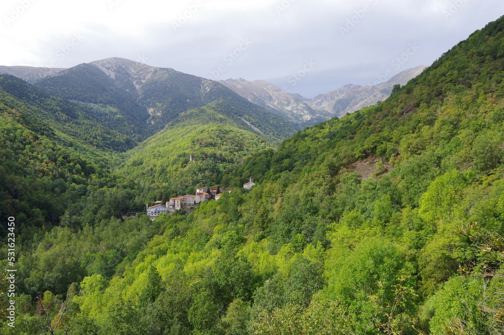 Village de montagne des Pyrénées orientales Valmanya dans la forêt au pied du canigou montagne des catalan sud de France Languedoc