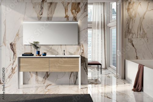 Tableau sur toile Modern bathroom interior in minimal scandinavian style, 3d rendering