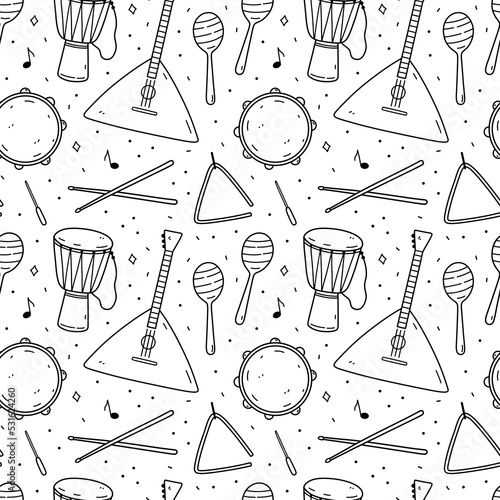Cute seamless pattern with musical instruments - drumsticks, balalaika, maracas, triangle and djembe drum. Vector hand-drawn illustration in doodle style. Perfect for print, wrapping paper, wallpaper.