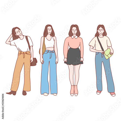 Fashion concept. Young woman dressed in fashion. Hand drawn style vector illustrations.