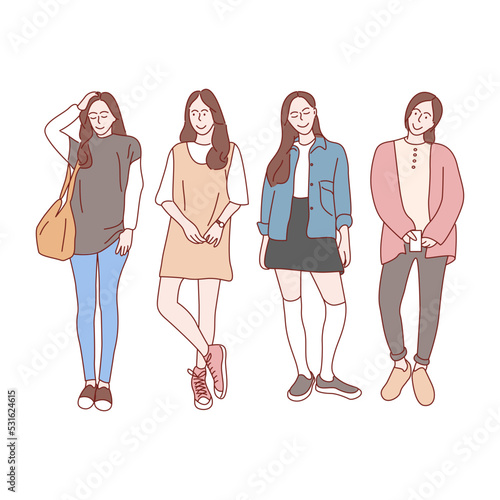 Fashion concept. Young woman dressed in fashion. Hand drawn style vector illustrations.
