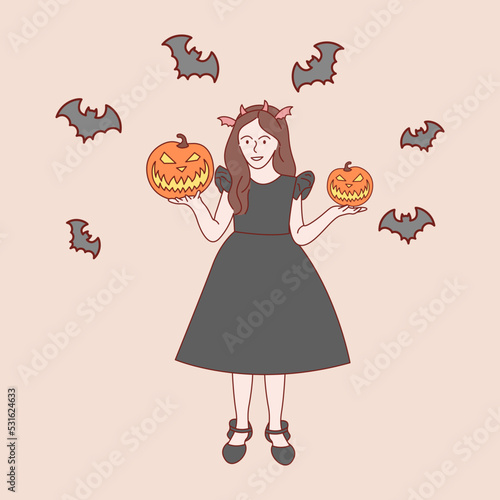 Halloween concept. Young woman dressed in halloween fashion. Hand drawn style vector illustrations.