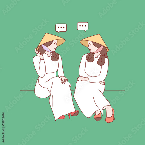 Young Woman sitting and chatting. Hand drawn style vector illustrations.