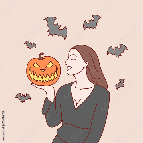 Halloween concept. Young woman dressed in halloween fashion. Hand drawn style vector illustrations.