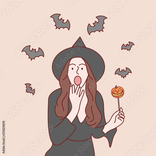 Halloween concept. Young woman dressed in halloween fashion. Hand drawn style vector illustrations.