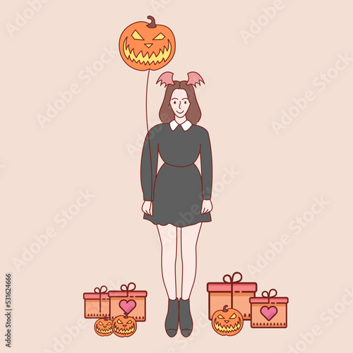 Halloween concept. Young woman dressed in halloween fashion. Hand drawn style vector illustrations.