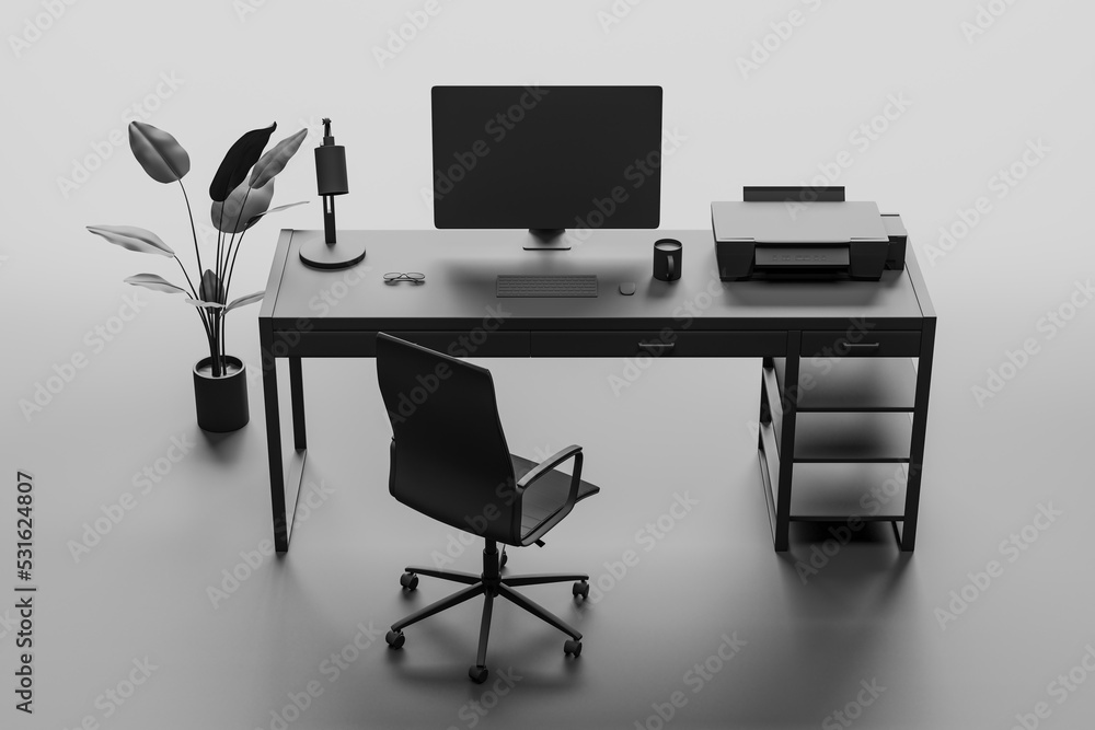 Modern minimalistic designer workplace with furniture, computer monitor and other items. 3D Rendering. Modern minimalistic designer workplace with furniture, computer monitor and other items. 3D Rendering.