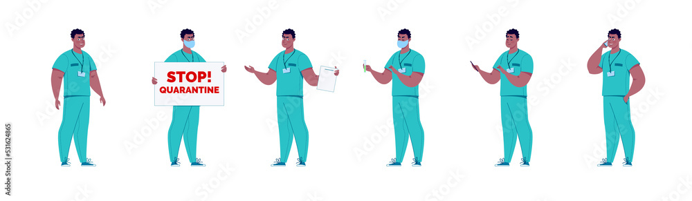 Doctor in various poses. Character design set. Raster illustration flat cartoon. Doctor in various poses. Character design set. Raster illustration flat cartoon.