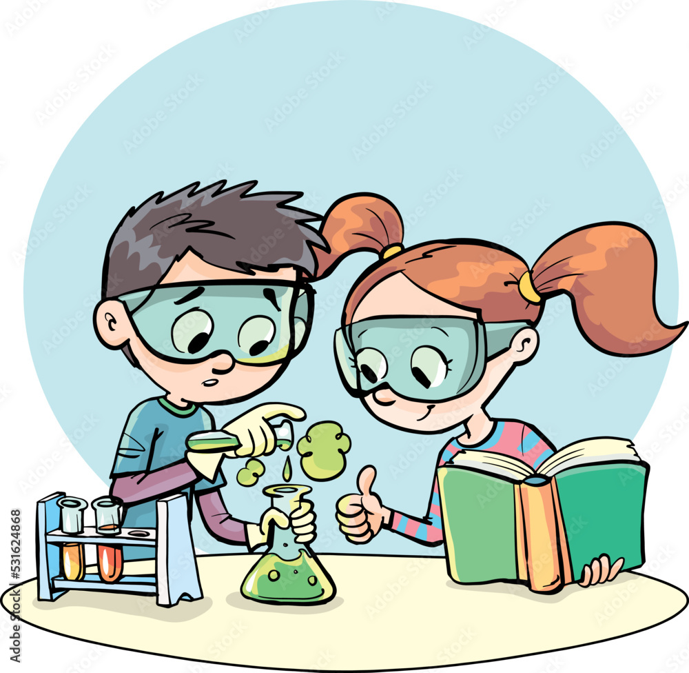 children perform a test tube experiment in chemistry class Stock Vector