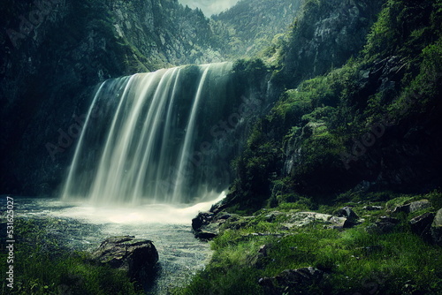 Beautiful mountain waterfall. Fantastic Epic Magical Landscape. Summer nature. Mystic Valley. Gaming assets. Celtic Medieval Forest. Rocks and grass. River and stream 