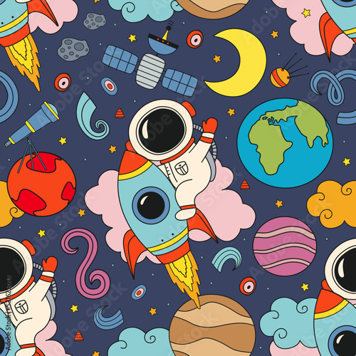  seamless pattern with cute astronaut flying on a rocket in space