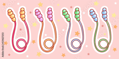 Cute hand-drawn set of skipping ropes in doodle cartoon style. Sweet composition in neutral candy colors. Kawaii element for card, social media banner, sticker, decoration kids playroom. Vector
