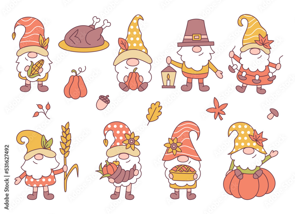 Obraz premium Cute autumn gnomes set. Thanksgiving characters. Cartoon style.