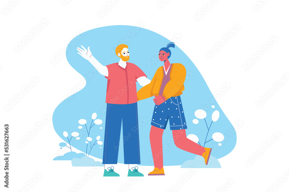 Happy people blue concept with people scene in the flat cartoon style. Young couple happily walks through the streets of the city. Vector illustration. Happy people blue concept with people scene in the flat cartoon style. Young couple happily walks through the streets of the city. Vector illustration.