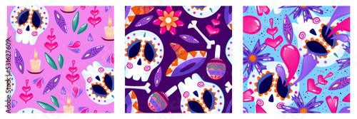 Muertos pattern with skull set. Mexico day dead holiday. Floral skull face. Floral seamless background. Halloween and traditional festival seamless pattern.