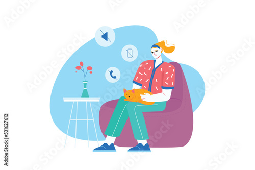 Blue concept Digital detox with people scene in the flat cartoon design. Girl rest on a chair with a cat away from all digital gadgets. Vector illustration.