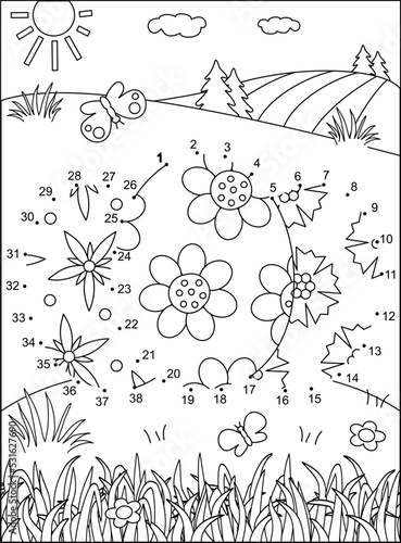 Easter dot-to-dot picture puzzle and coloring page with three painted eggs. 

