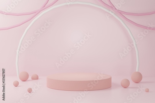 3d rendered studio with geometric shapes white Podium on the floor. Abstract Platforms for product presentation  mock up pink pastel background color.