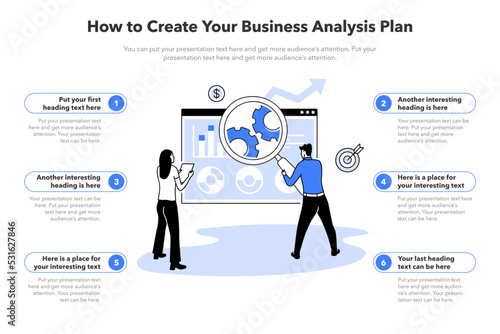 Simple infographic template for how to create your business analysis plan. Template with two persons analyzing business data as a main symbol.