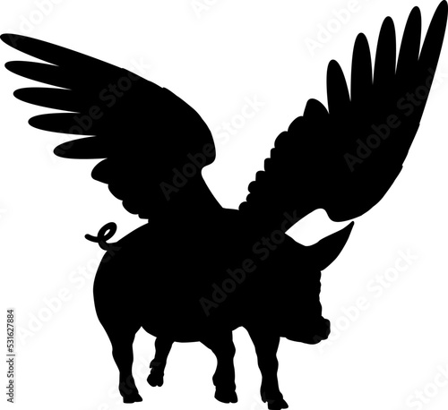 A flying pig with wings in silhouette from the saying pigs might fly