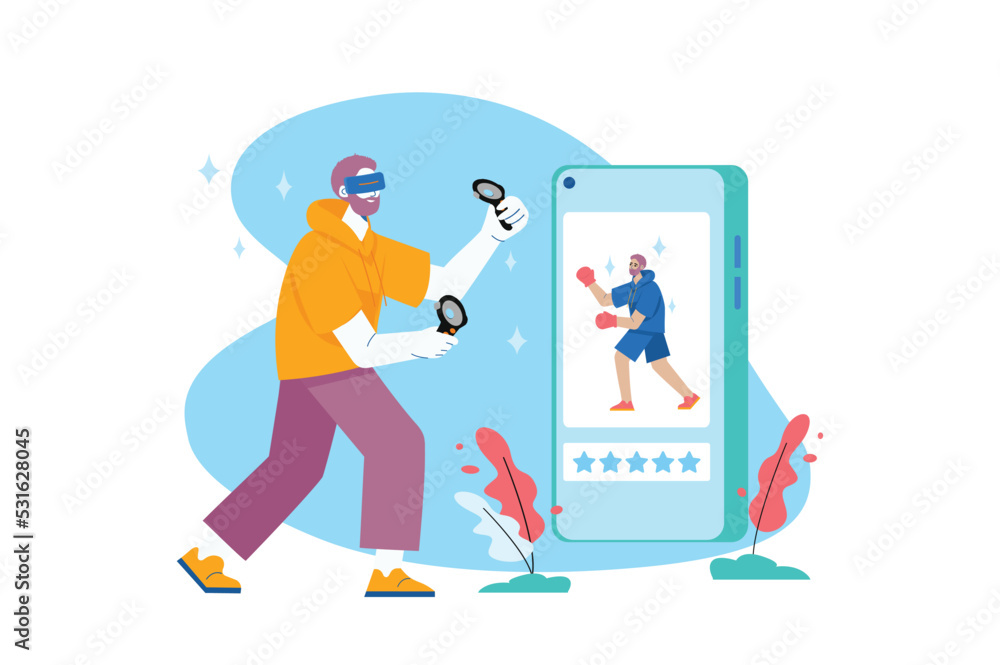 Metaverse blue concept with people scene in the flat cartoon design. Guy plays games in a virtual world which he entered using smartphone and VR-glasses. Vector illustration.