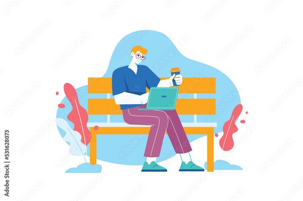 Freelance blue concept with people scene in the flat cartoon design. Man works on a laptop while sitting in a park on a bench and drinking coffee. Vector illustration.