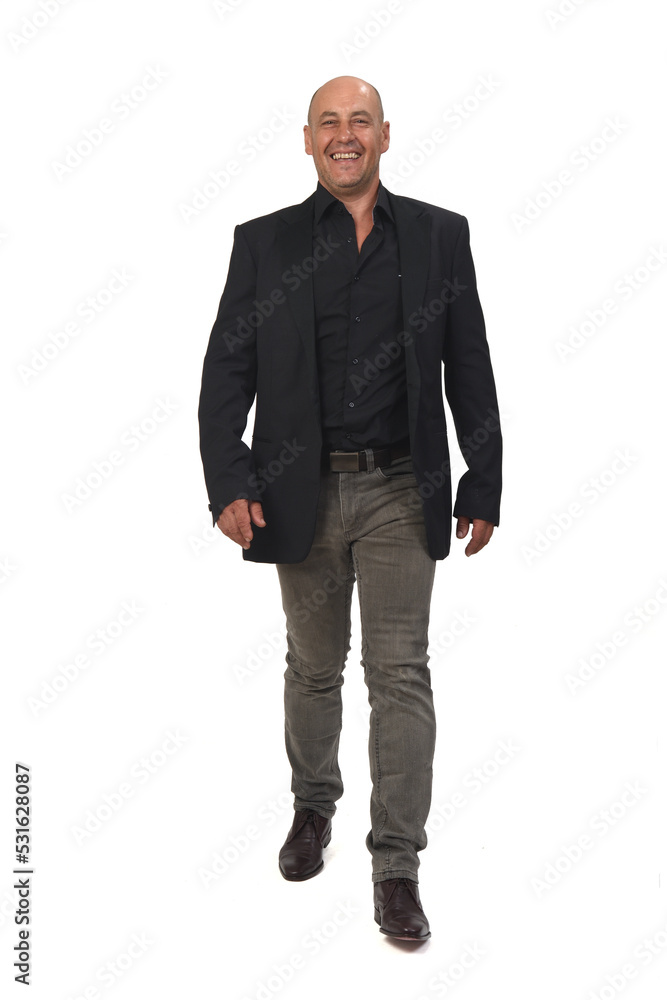 custom made wallpaper toronto digitalfront view of a man with blazer and jeans walking and laughing looking at camera on white background,