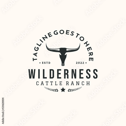 Long horn vintage logo vector minimalist illustration design, longhorn bison symbol