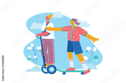 Blue concept Ecological transport with people scene in the flat cartoon style. Two girls ride an electronic gyroscooter and skateboard so as not to pollute air. Vector illustration.