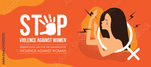 International Day for the Elimination of Violence Against Women - The woman cry and raised her hand to defend herself with female sign around her on orange background vector design