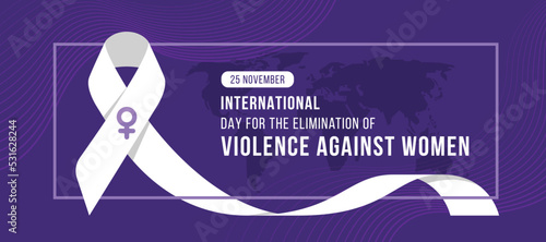 International Day for the Elimination of Violence Against Women - white ribbon sign with female sign around frame and text on purple world map texture and abstract line curve background vector design