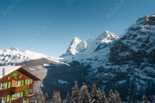 Murren   Swiss mountain village near Schilthorn  and Lauterbrunnen during winter sunny day   Murren   Switzerland   December 3   2019